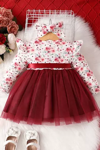 Maroon floral net party wear baby dress