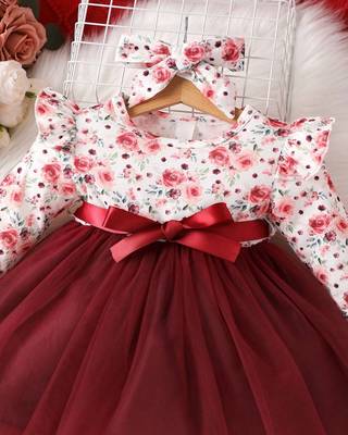 Maroon floral net party wear baby dress 3
