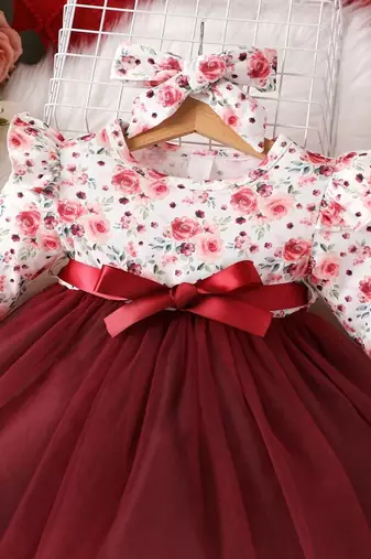 Maroon floral net party wear baby dress