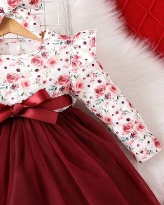Maroon floral net party wear baby dress 4