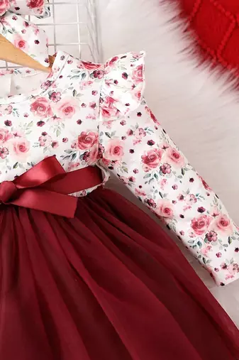 Maroon floral net party wear baby dress