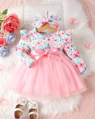 Pink floral net party wear baby dress 1