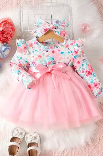 Pink floral net party wear baby dress