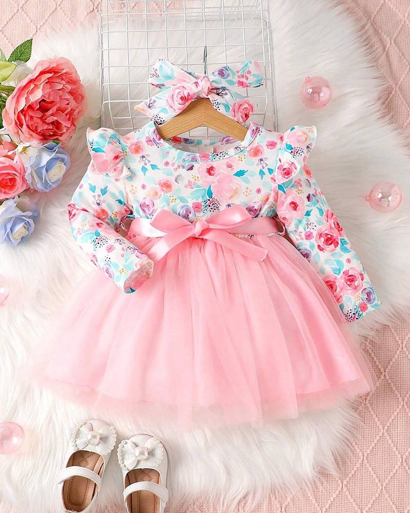Pink floral net party wear baby dress