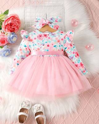 Pink floral net party wear baby dress 2