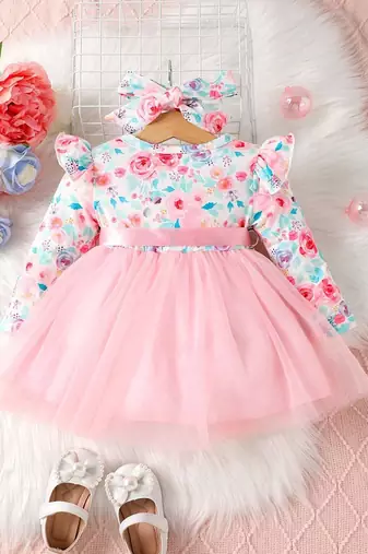 Pink floral net party wear baby dress
