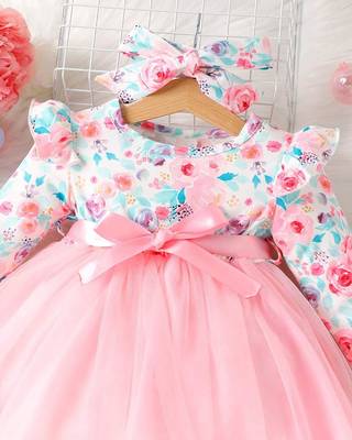 Pink floral net party wear baby dress 3