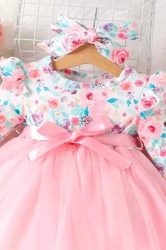 Pink floral net party wear baby dress