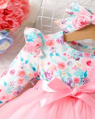Pink floral net party wear baby dress 4