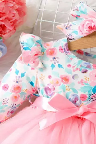 Pink floral net party wear baby dress