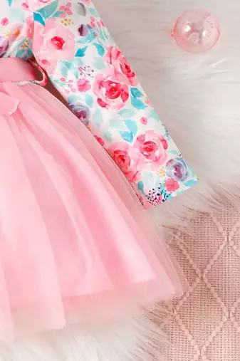 Pink floral net party wear baby dress