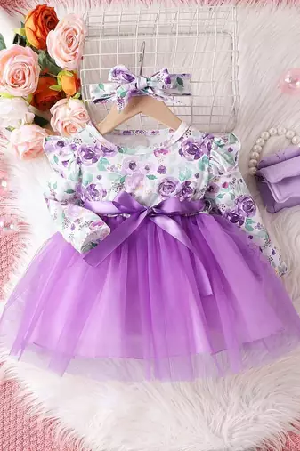 Purple floral net party wear baby dress