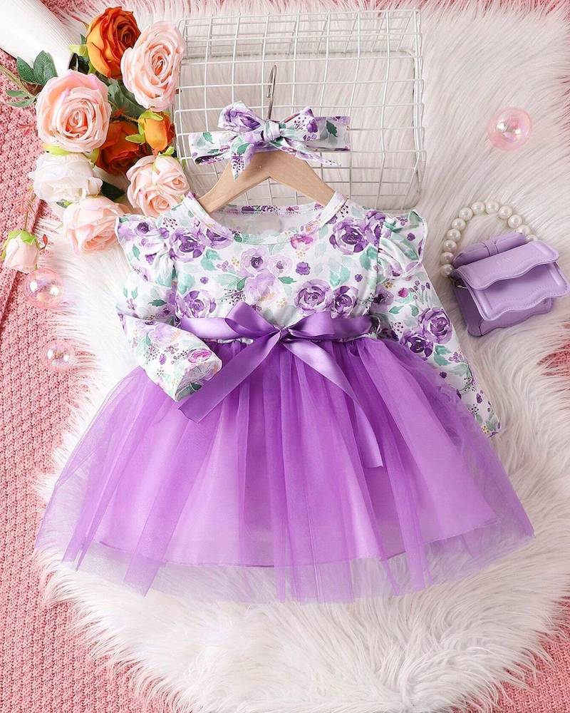 Purple floral net party wear baby dress