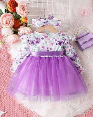 Purple floral net party wear baby dress 2