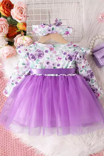 Purple floral net party wear baby dress