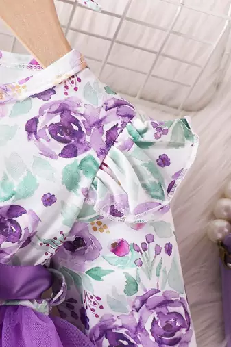 Purple floral net party wear baby dress