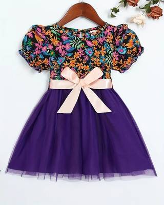purple floral net party wear kids dress 1