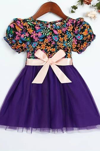 purple floral net party wear kids dress