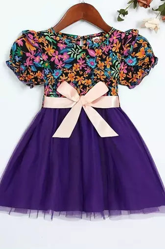 purple floral net party wear kids dress