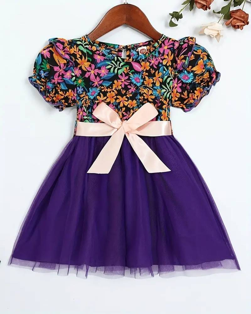 purple floral net party wear kids dress