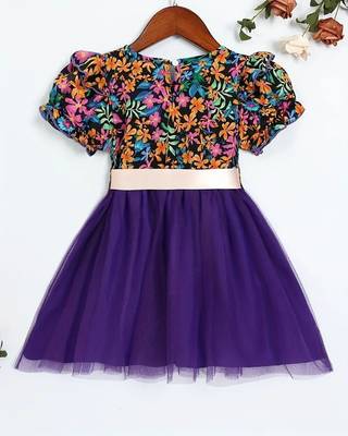 purple floral net party wear kids dress 2