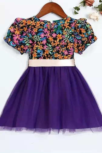 purple floral net party wear kids dress