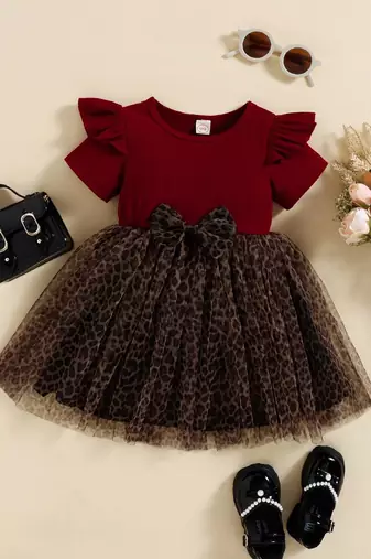 Maroon leopard print bow detail party wear frock dress for girls