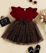 Maroon leopard print bow detail party wear frock dress for girls
