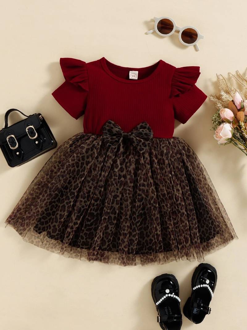 Maroon leopard print bow detail party wear frock dress for girls