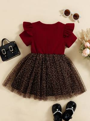 Maroon leopard print bow detail party wear frock dress for girls 2