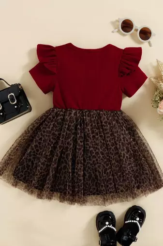 Maroon leopard print bow detail party wear frock dress for girls