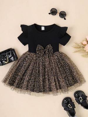 Black leopard print bow detail party wear frock dress for girls 1