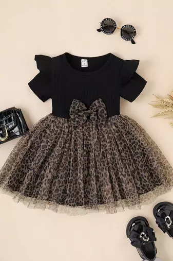 Black leopard print bow detail party wear frock dress for girls