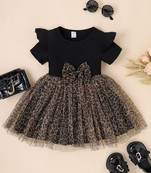 Black leopard print bow detail party wear frock dress for girls