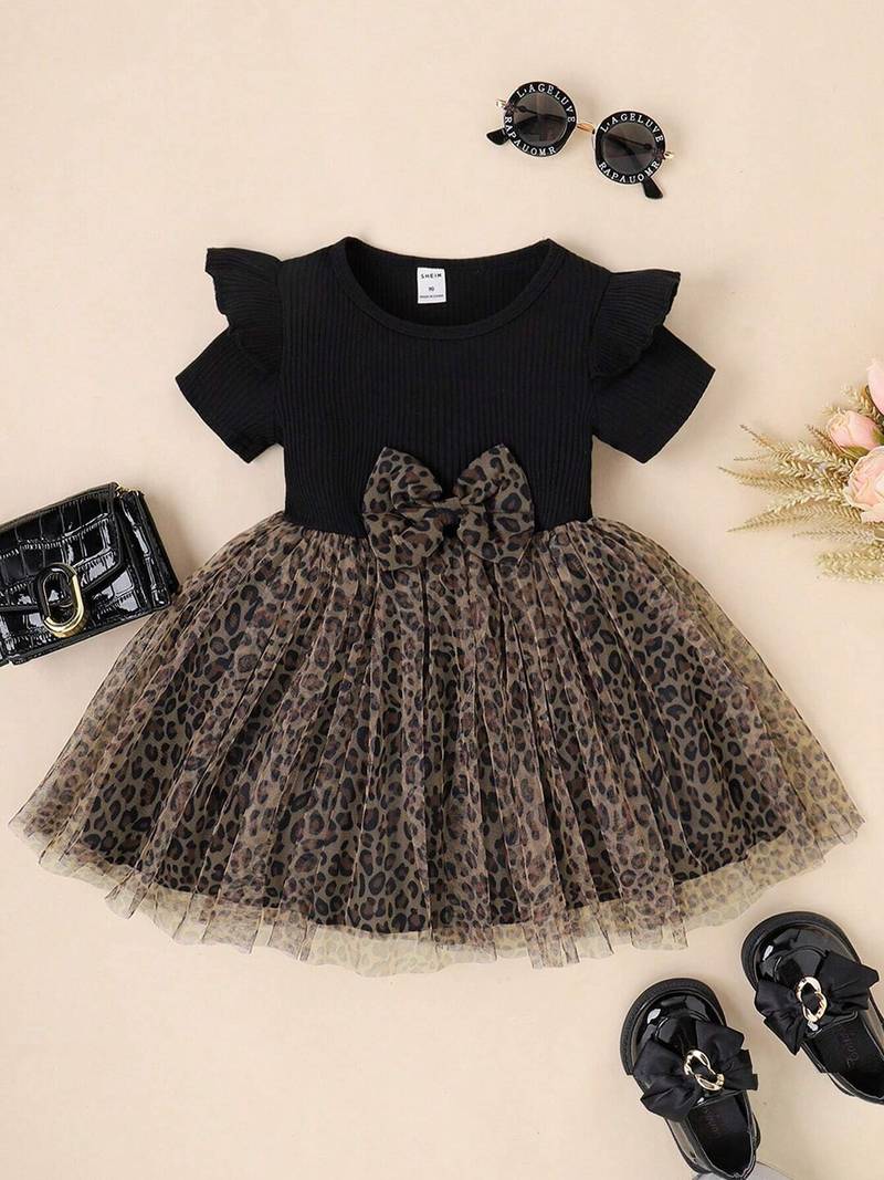 Black leopard print bow detail party wear frock dress for girls