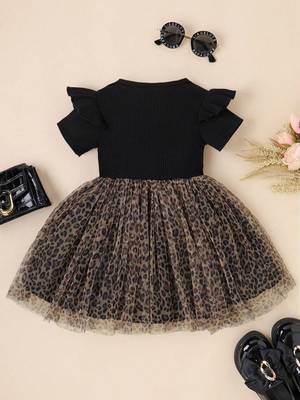 Black leopard print bow detail party wear frock dress for girls 2