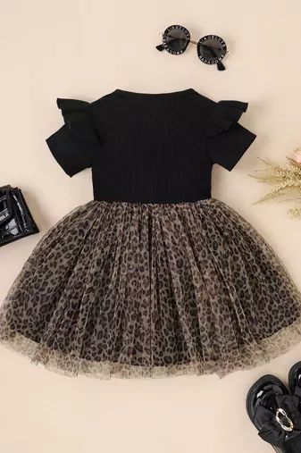 Black leopard print bow detail party wear frock dress for girls