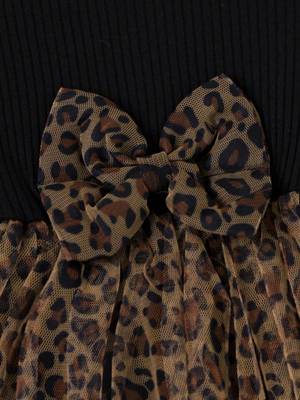 Black leopard print bow detail party wear frock dress for girls 4
