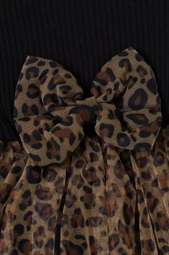 Black leopard print bow detail party wear frock dress for girls