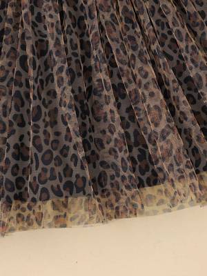 Black leopard print bow detail party wear frock dress for girls 5