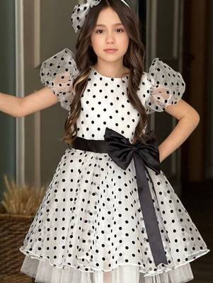 White & black polka dot bow party wear dress for girls 1