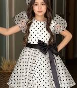 White & black polka dot bow party wear dress for girls