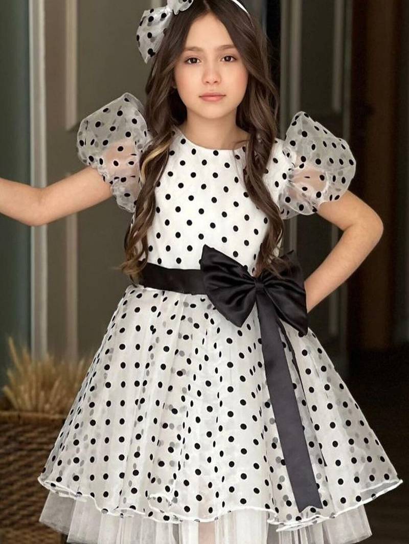 White & black polka dot bow party wear dress for girls