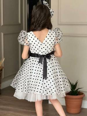 White & black polka dot bow party wear dress for girls 2