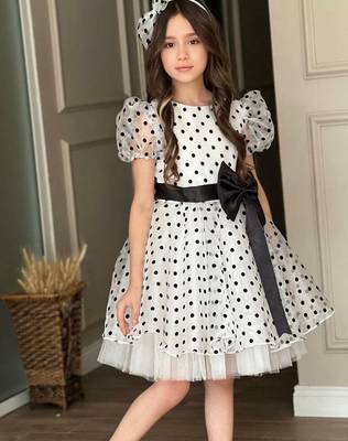 White & black polka dot bow party wear dress for girls 3