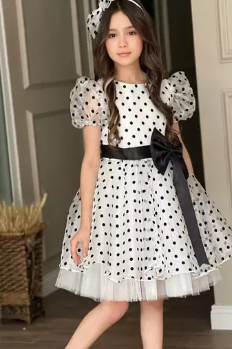 White & black polka dot bow party wear dress for girls