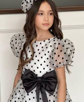 White & black polka dot bow party wear dress for girls 4
