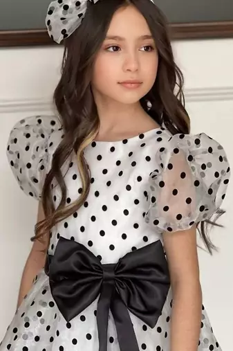 White & black polka dot bow party wear dress for girls