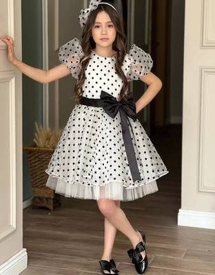White & black polka dot bow party wear dress for girls 5