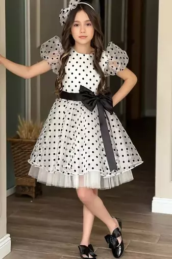 White & black polka dot bow party wear dress for girls